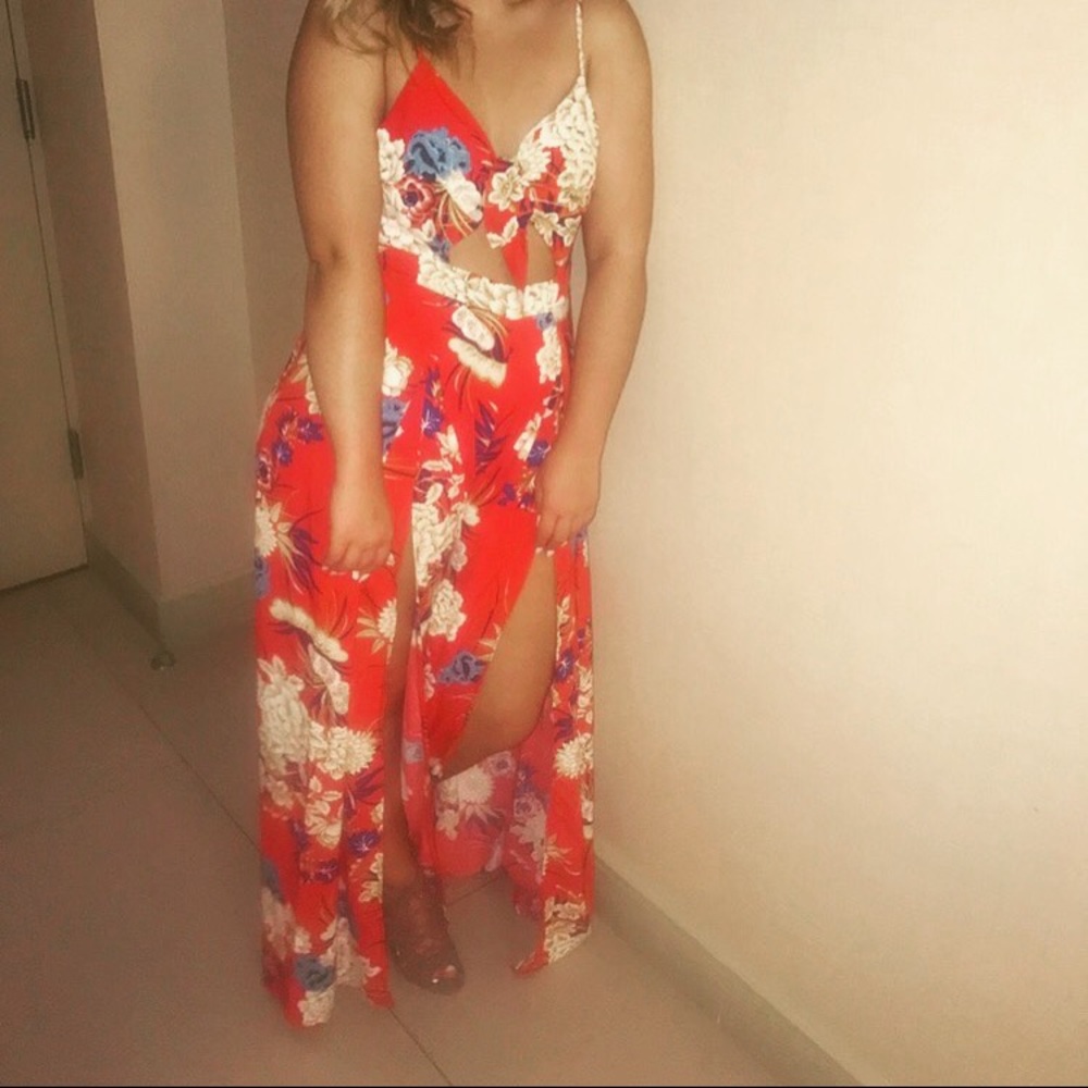 Floral red slit leg jumpsuit